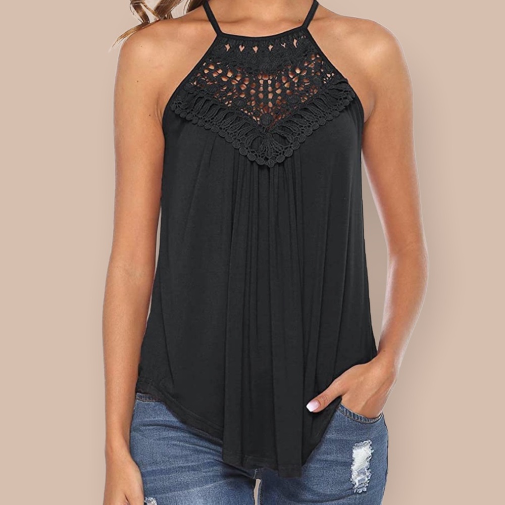 Women’s halter spaghetti strap lace flowey black tank top | Size large